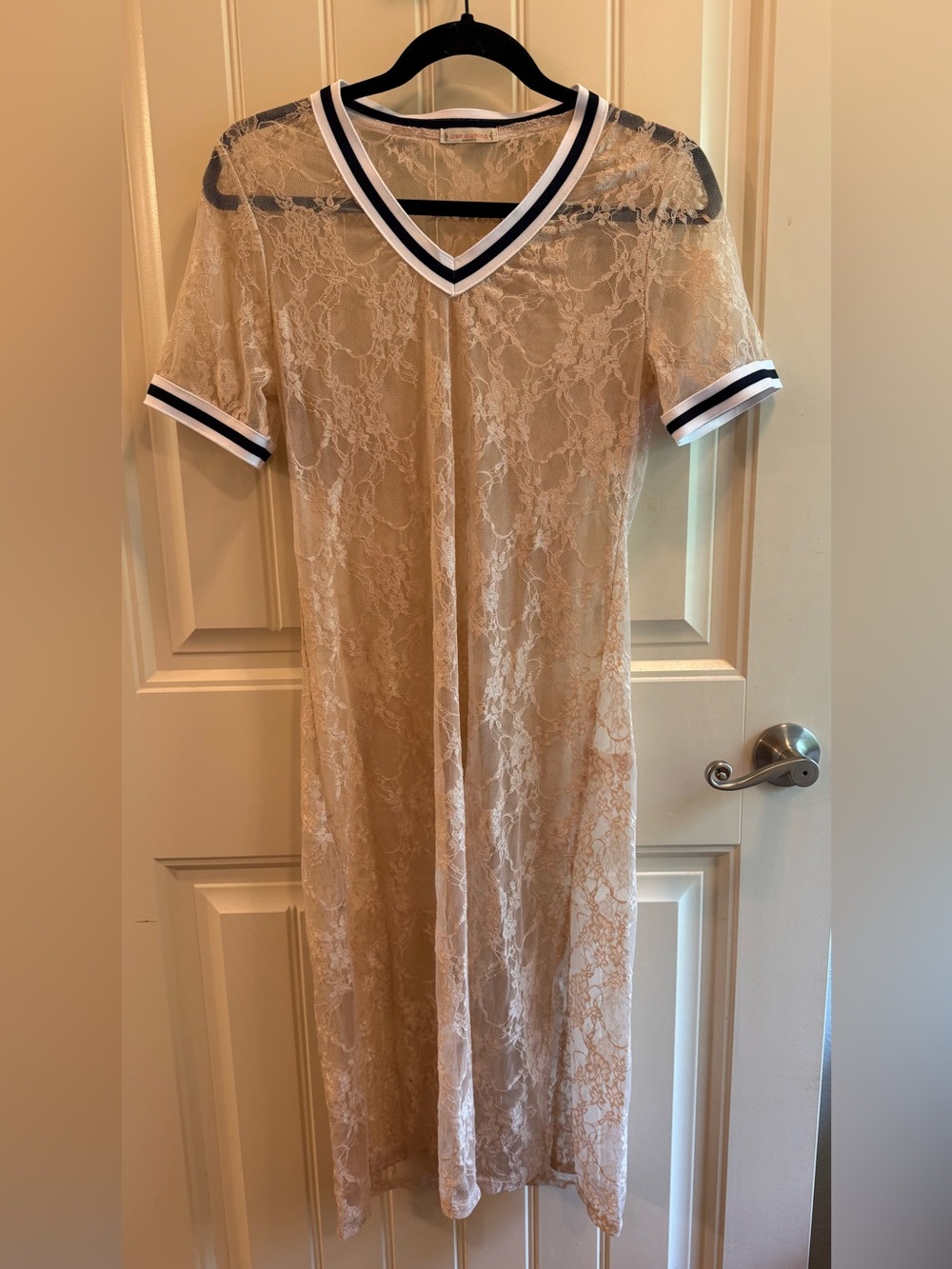 Sheer Lace V-Neck Dress with Contrast Trim - Cream